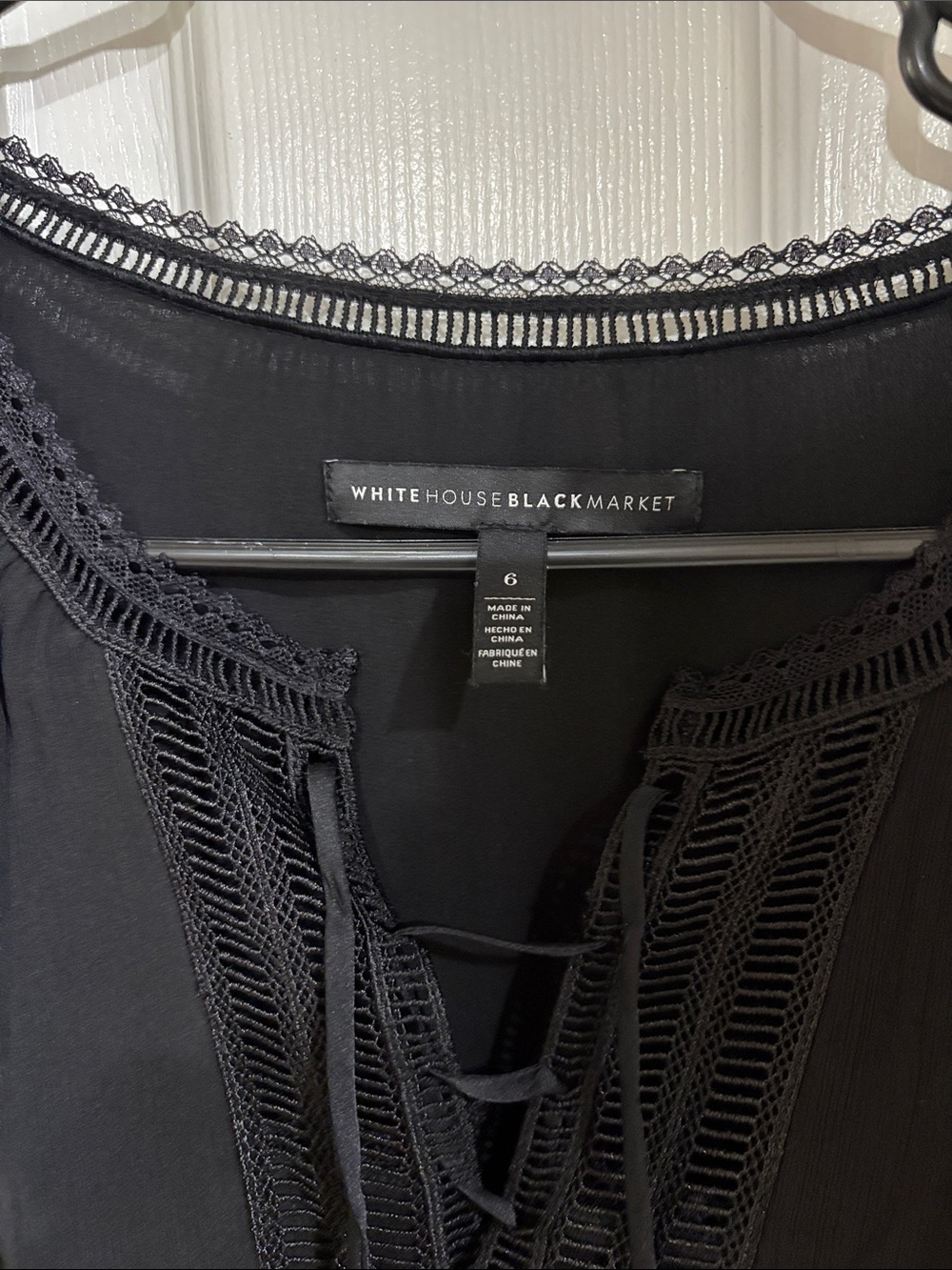 White House Black Market Black Lace-Trim Peasant Top - Picture 2 of 4